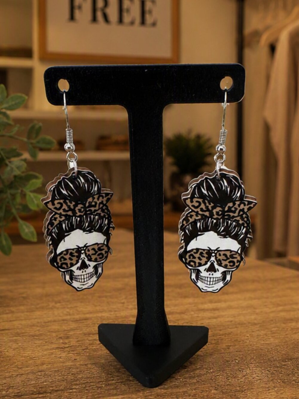 Leopard Print Skull Earrings NWOT